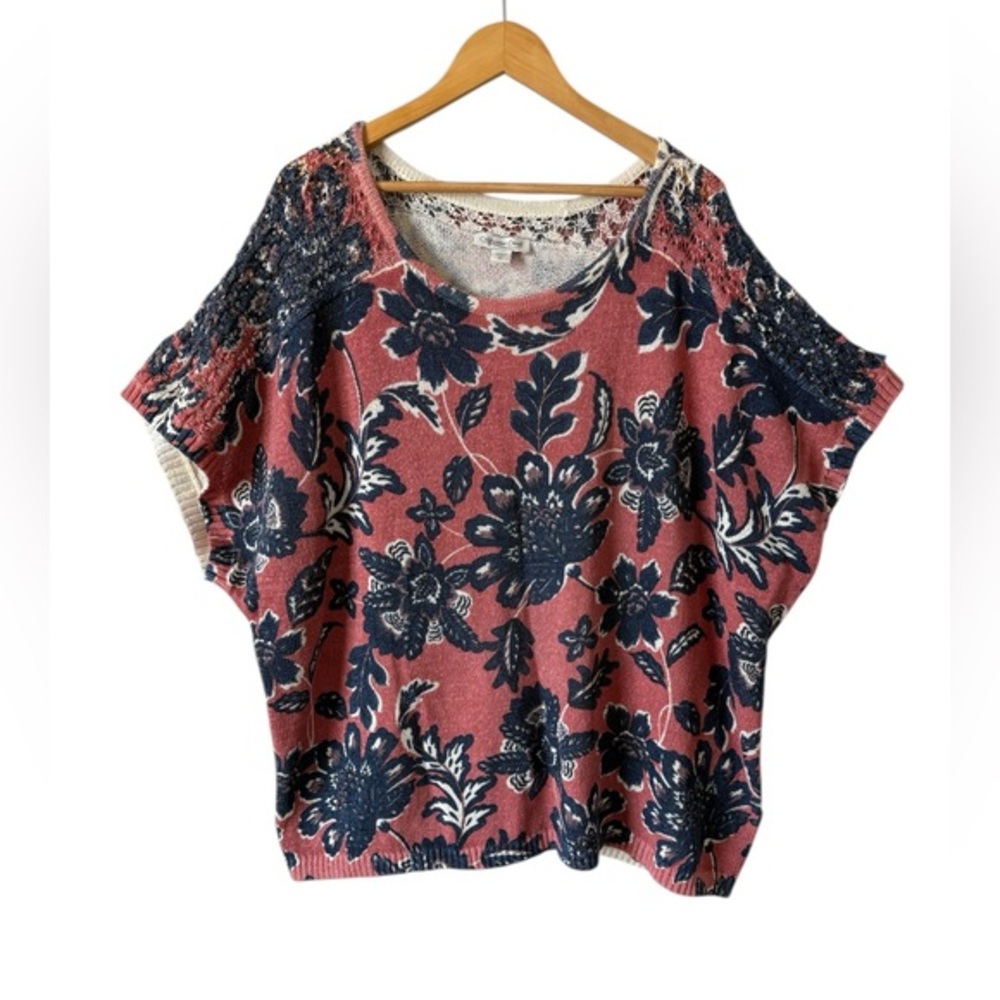 Coldwater‎ Creek Floral Knit Top 3X Short Sleeve Pink Navy NWOT